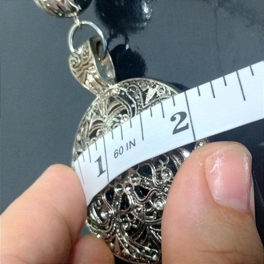 Teal Jersey Fabric Scarf Necklace Silver Filigree Mandala Pendant Boho Fringe